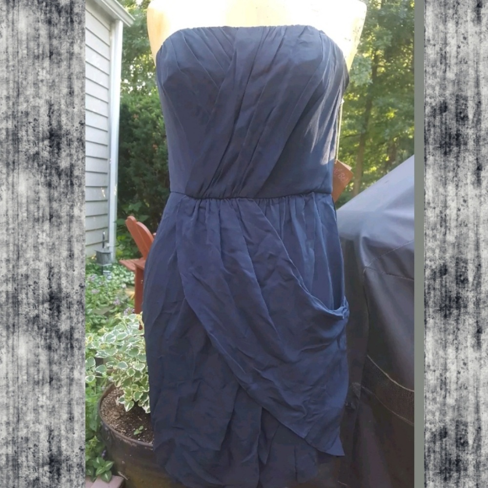 Ali Ro Silk Draped Strapless Pleated Surplice Tulip Hem navy Blue sz 8 NWT